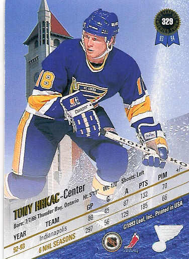 HOCKEY SUR GLACE CARTE JOUEUR DE LA NHL 1993 TONY HRKAC - Hockey (sur Glace)