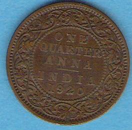 GEORGE . V . 1/4 ANNA . 1920 . - India