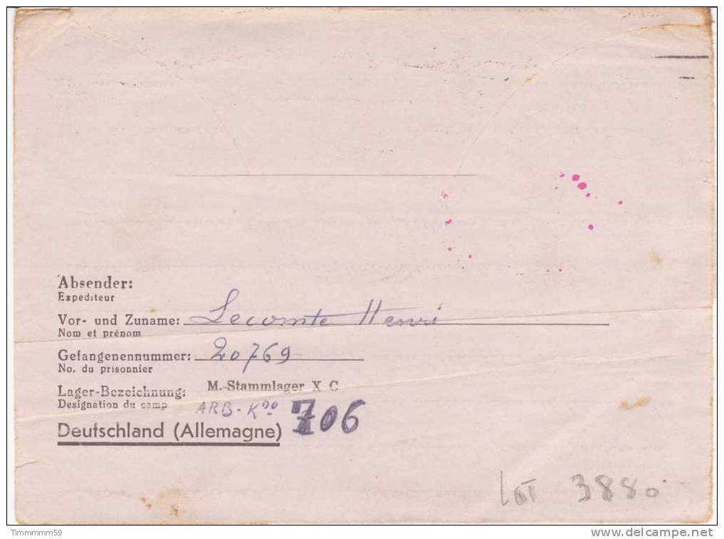 Lot N°3880   Correspondances De Prisonnier De Guerres, Pour BRABANT En BELGIQUE - WW II (Covers & Documents)