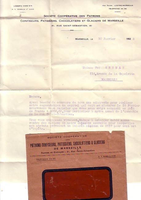 LETTRE 1928   ENTETE COMMERCIALE  +  Courrier COOPERATIVE CONFISEUR CHOCOLATIER PATISSIER Chocolat - Lettres Civiles En Franchise