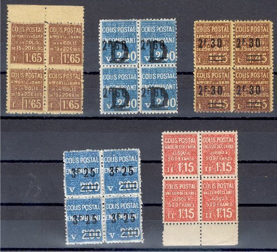 FRANCE, 5 DIFFERENT OLD RAILWAY STAMPS IN BLOCKS OF 4 - Mint/Hinged