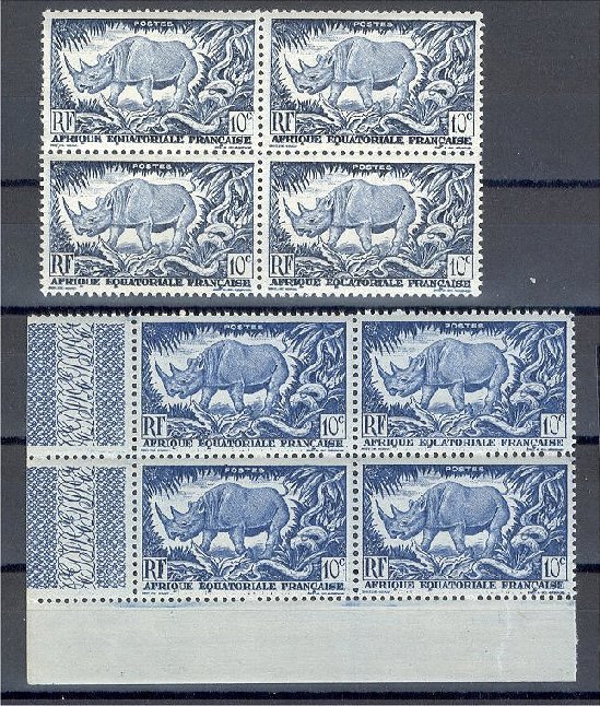 FRENCH EQUATORIAL AFRICA - 10 Centimes Rhinoceros - COLOR VARIETY NEVER HINGED BLOCK OF 4 - Rinocerontes
