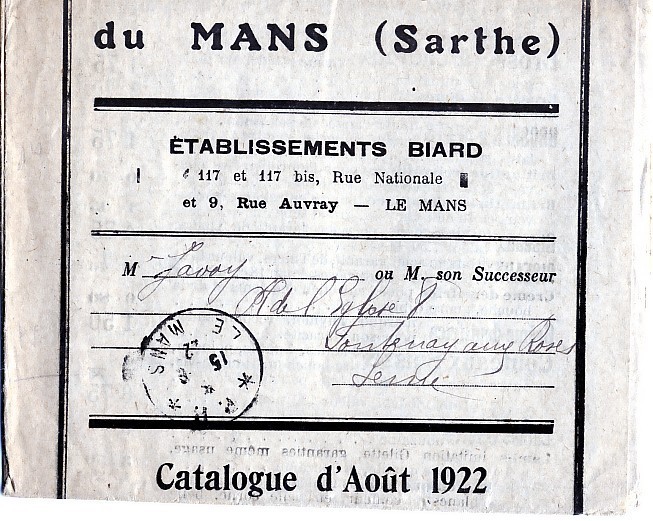 CATALOGUE PUBLICITAIRE DE VENTE  DU MANS "LA SARTRE"1922 ENVOYé EN " P P" PORT PAYE ANCETRE VPC VENTE PAR CORRESPONDANCE - Covers & Documents