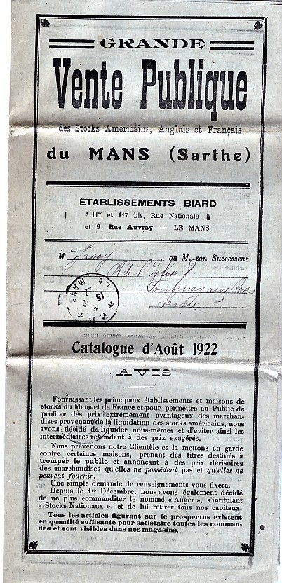 CATALOGUE PUBLICITAIRE DE VENTE  DU MANS "LA SARTRE"1922 ENVOYé EN " P P" PORT PAYE ANCETRE VPC VENTE PAR CORRESPONDANCE - Briefe U. Dokumente