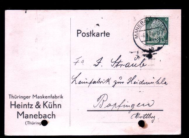 Germany 1938 "Thuringer Maskenfabrik"  Perfins On Card H&K . - Perforadas