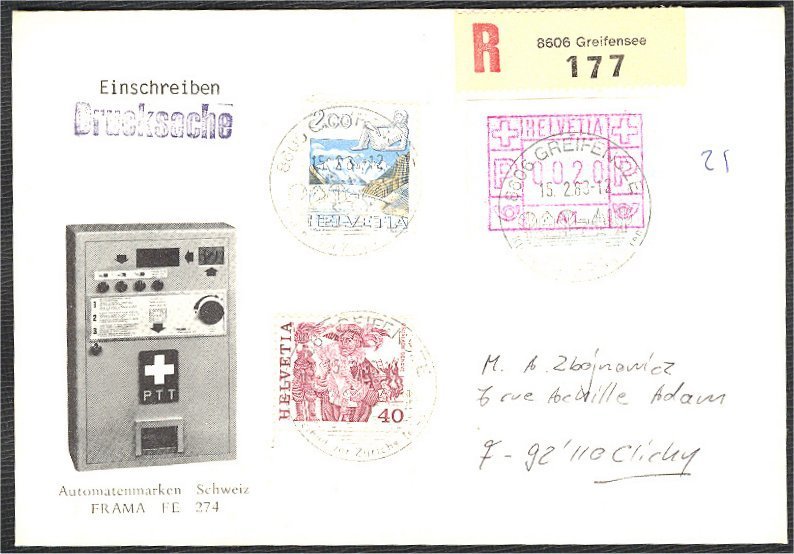 SWITZERLAND FRAMA STAMP ON REGISTERED COVER - Automatic Stamps