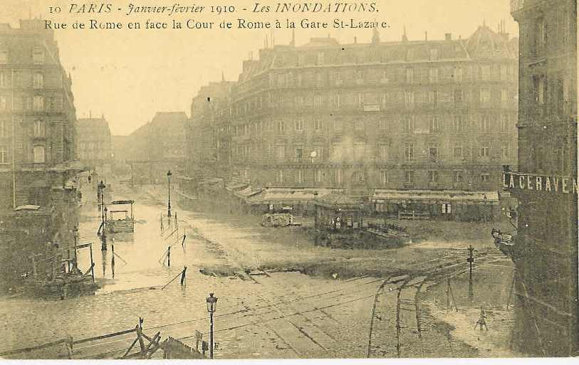 75 PARIS  JANVIER FEVRIER 1910  LES INONDATIONS RUE DE ROME EN FACE LA COUR DE ROME A LA GARE ST LAZARE TTB  N° A189 - Inondations De 1910