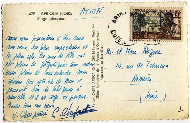 CARTE POSTALE DE L´AFRIQUE NOIRE SINGE PLEUREUR AFRIQUE OCCIDENTALE FRANCAISE Singes Asniéres - Monkeys