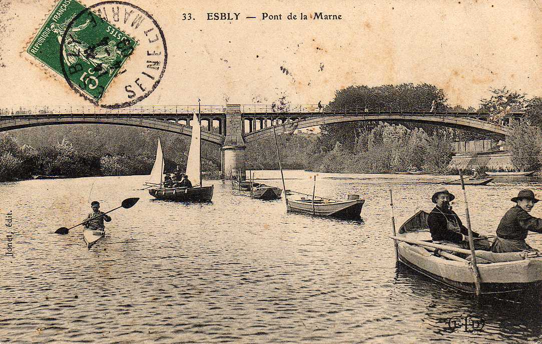 77 ESBLY Pont De La Marne, Animée, Pecheurs, Beau Plan, Barque, Canoe, Ed Jonet 33, 1909 - Esbly