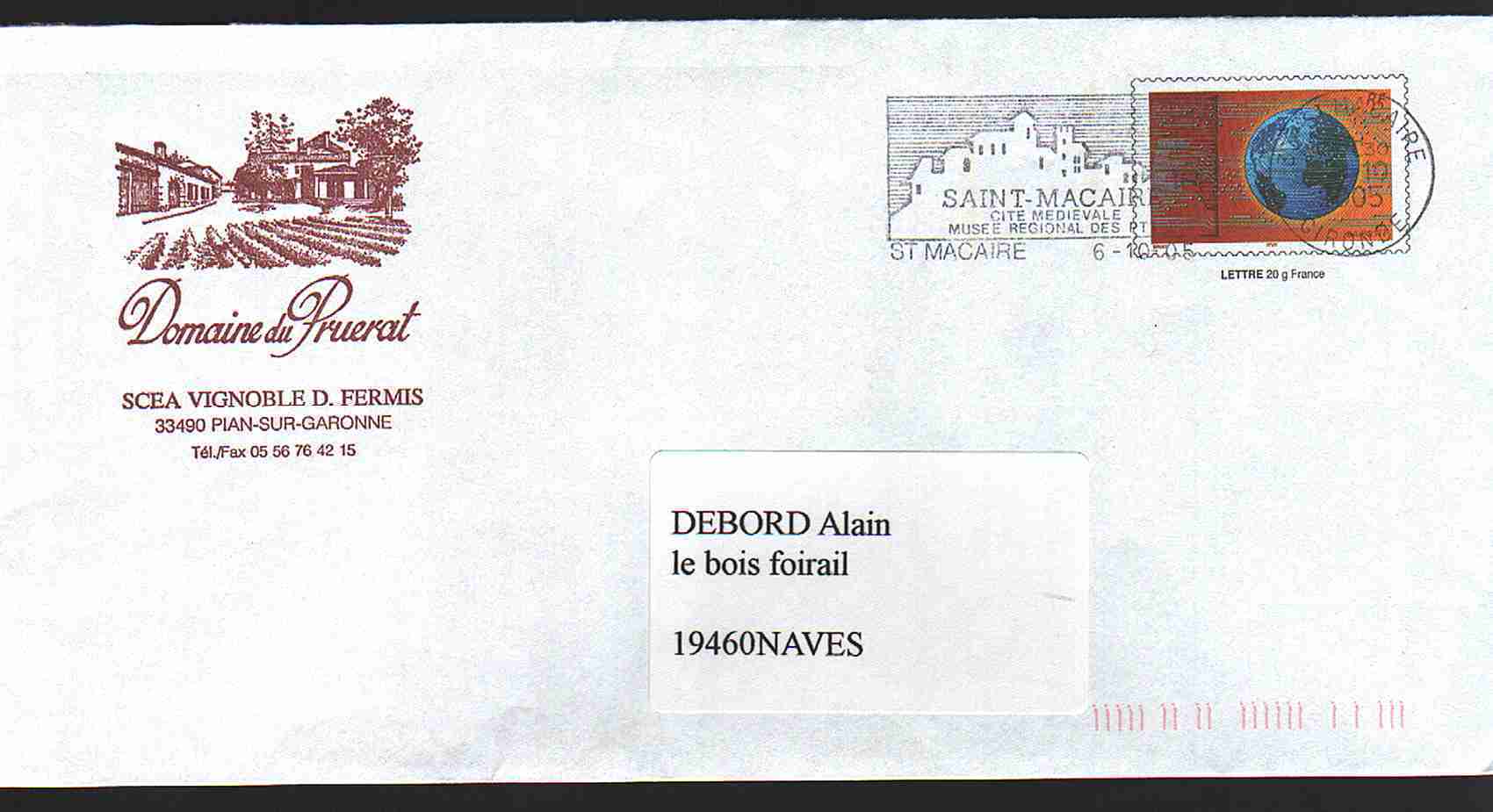 Entier Postal Repiqué Gironde Pian Sur Garonne Domaine De Pruerat. Timbre Entreprise: Globe Terrestre - Prêts-à-poster: Repiquages Privés