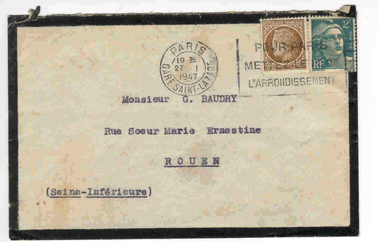 Lettre 4f50 Lsi Du 27/01/1947 Tarif 2/01/1947 2f50 Cérès De Mazelin+ 2f Marianne De Gandon Lettre De Deuil - 1945-47 Ceres (Mazelin)