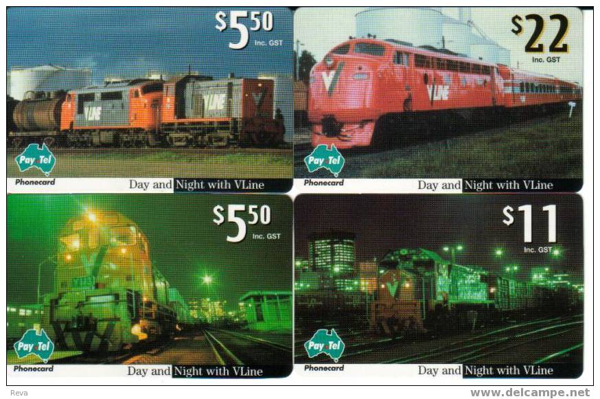 AUSTRALIA SET OF 4 DAY & NIGHT TRAINS  TRAIN  THEME FACE VALUE  $44   MINT  2500 ONLY !!!  SPECIAL PRICE - Australië