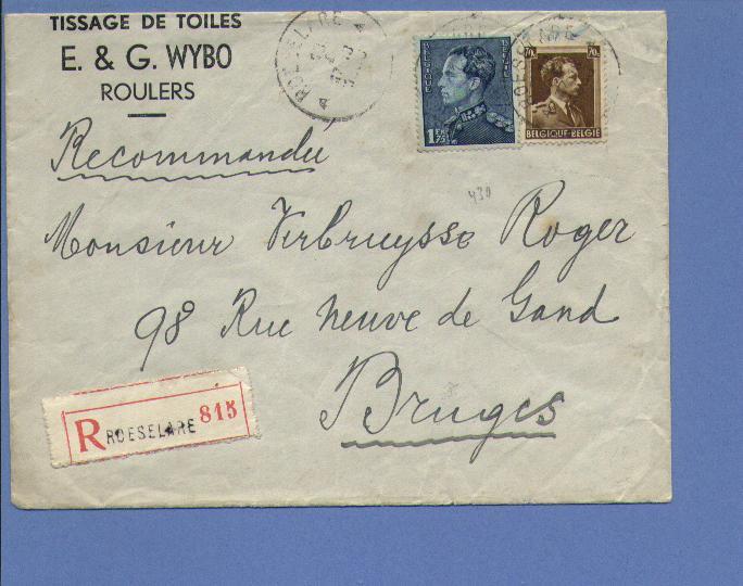 427+430 Op Aangetekende Brief Met Cirkelstempel ROESELARE - 1936-51 Poortman