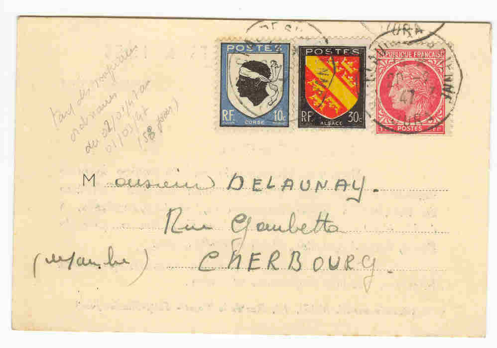 Imprimé 1f40 1f 676 Cérès De Mazelin + 10c Blason Corse + 30c Blason Alsace Tarif Du 2/01/1947 Cad Saint Claude 20/02/47 - 1945-47 Ceres (Mazelin)