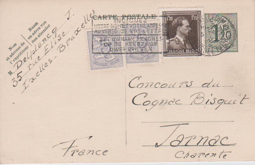 Belgie-belgique Bruxelles 1954 CP 1F.20+TP+flamme  V.Jarnac(Charente) Fr-LepoldIII    377 - Cartes Postales 1951-..