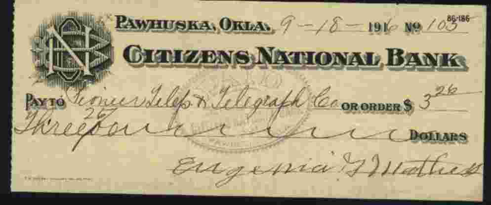 CHEQUE / CHECK : CITIZENS NATIONAL BANK ( OKLAHOMA) - Other - America