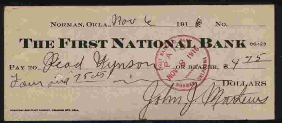 CHEQUE / CHECK : THE FIRST NATIONAL BANK ( OKLAHOMA) - Otros – América