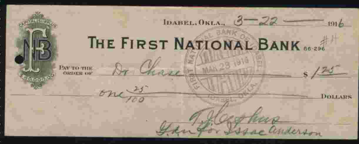 CHEQUE / CHECK : THE FIRST NATIONAL BANK ( OKLAHOMA) - Other - America