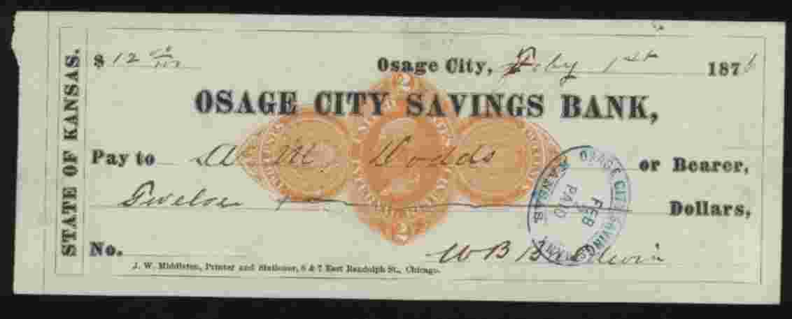 CHEQUE / CHECK : OSAGE CITY SAVINGS BANK ( 1874 ) - Otros – América