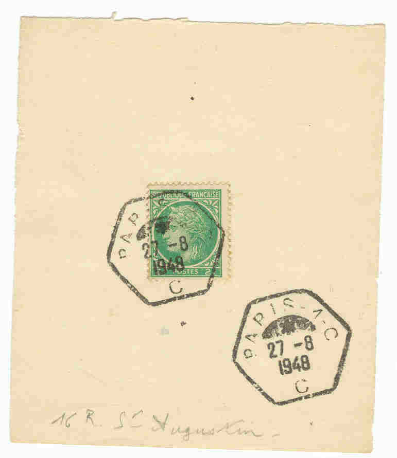 2f Vert Cérès De Mazelin Timbre Seul Sur Feuillet Oblitéré D'un Cachet De PARIS 1 C 27/08/48 Bureau Peu Courant - 1945-47 Cérès De Mazelin