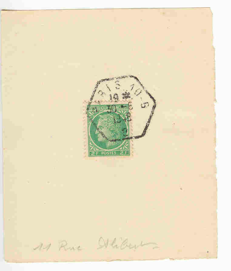 2f Vert Cérès De Mazelin Timbre Seul Sur Feuillet Oblitéré D'un Cachet De PARIS 10 B 30/06/48 Bureau Peu Courant - 1945-47 Cérès De Mazelin