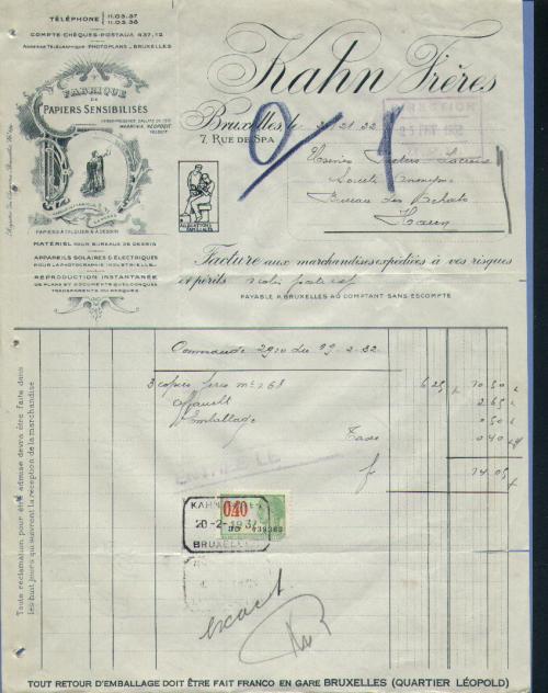 FABRIQUE DE PAPIERS SENSIBILSES    BRUXELLES  1932   (F392) - Imprimerie & Papeterie