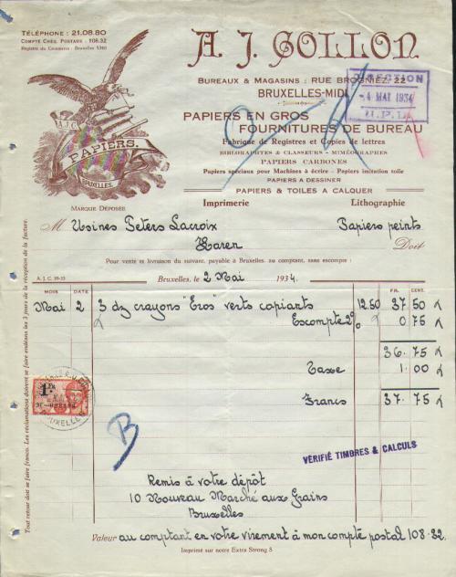 PAPIERS     BRUXELLES  1934   (F393) - Druck & Papierwaren