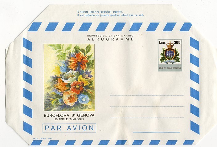 REPUBLICA  DI SAN MARINO  /SAINT MARIN AEROGRAMME EUROFLORA 81 GENOVA  300LIRES - Andere & Zonder Classificatie