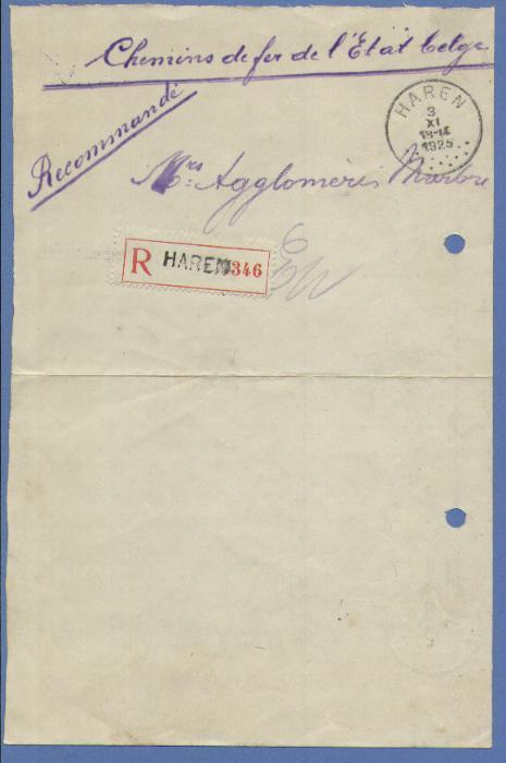 Dokument Van De "Chemin De Fer De L'Etat Belge" , Aangetekend Met Cirkelstempel HAREN Op 3/11/1925 - Autres & Non Classés