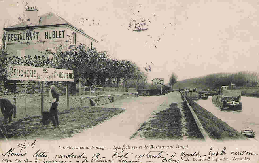 78 CARRIERES SOUS POISSY Cpa Animée Restaurant HUBLET Et Les Ecluses    Edit Bourdier - Carrieres Sous Poissy