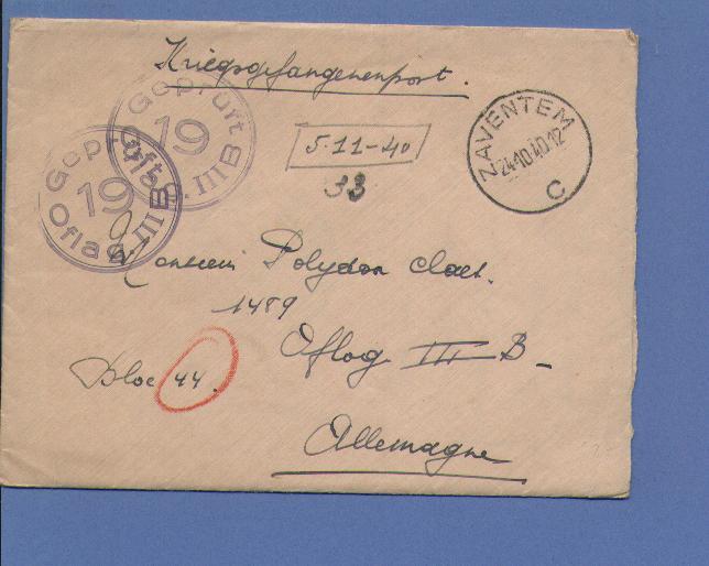 Brief Verzonden Van ZAVENTEM Op 24/10/40 Naar Kriegsgefangenen "Oflag IIIB" + Stempel GEPRUFT 19 OFLAG IIIB - Guerra '40-'45 (Storia Postale)