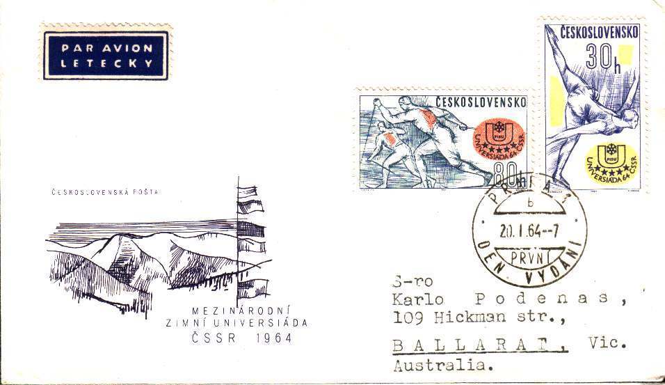 Fdc Sports > Patinage Artistique Tchecoslovaquie 1964 Par Avion Complet Yt 1318-19 Etudiants Patinage Et Ski - Kunstschaatsen