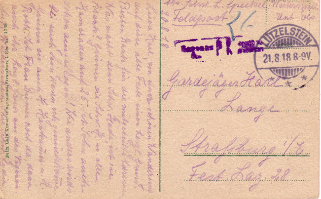 Lot 242: Carte Postale De Lützelstein ( La Petite Pierre) Du 21.08.1918, Envoyée En F.M (Feldpost) Avec Cachet Censure - Autres & Non Classés