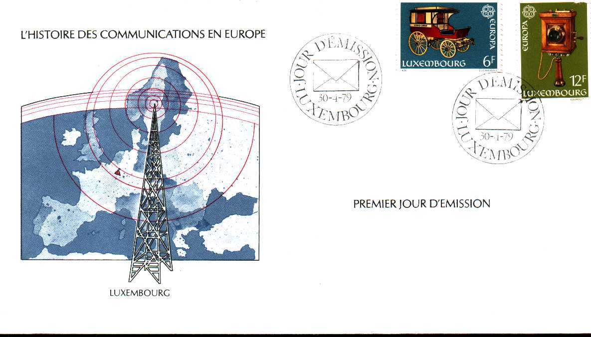 Fdc Europa CEPT > 1979 Luxembourg 1979 L´histoire Des Communications Calèche Postale Téléphone Transmission - 1979
