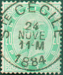 N°39 - 20 Cent. Gris-perle, Obl. Sc Sainte-CECILE 24 Novembre 1884 Centrale.  Rare. -- 1488 - 1883 Leopoldo II