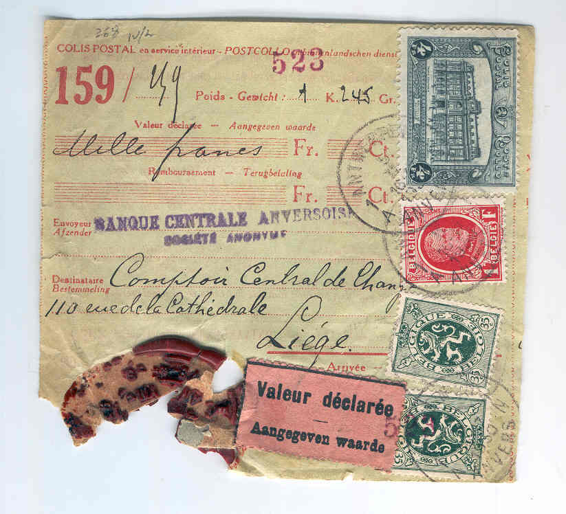 Formulaire Colis Postal HOUYOUX Valeur Déclarée ANVERS Vers LIEGE 1930 - Tarif 5 F 70   --  3/475 - 1922-1927 Houyoux