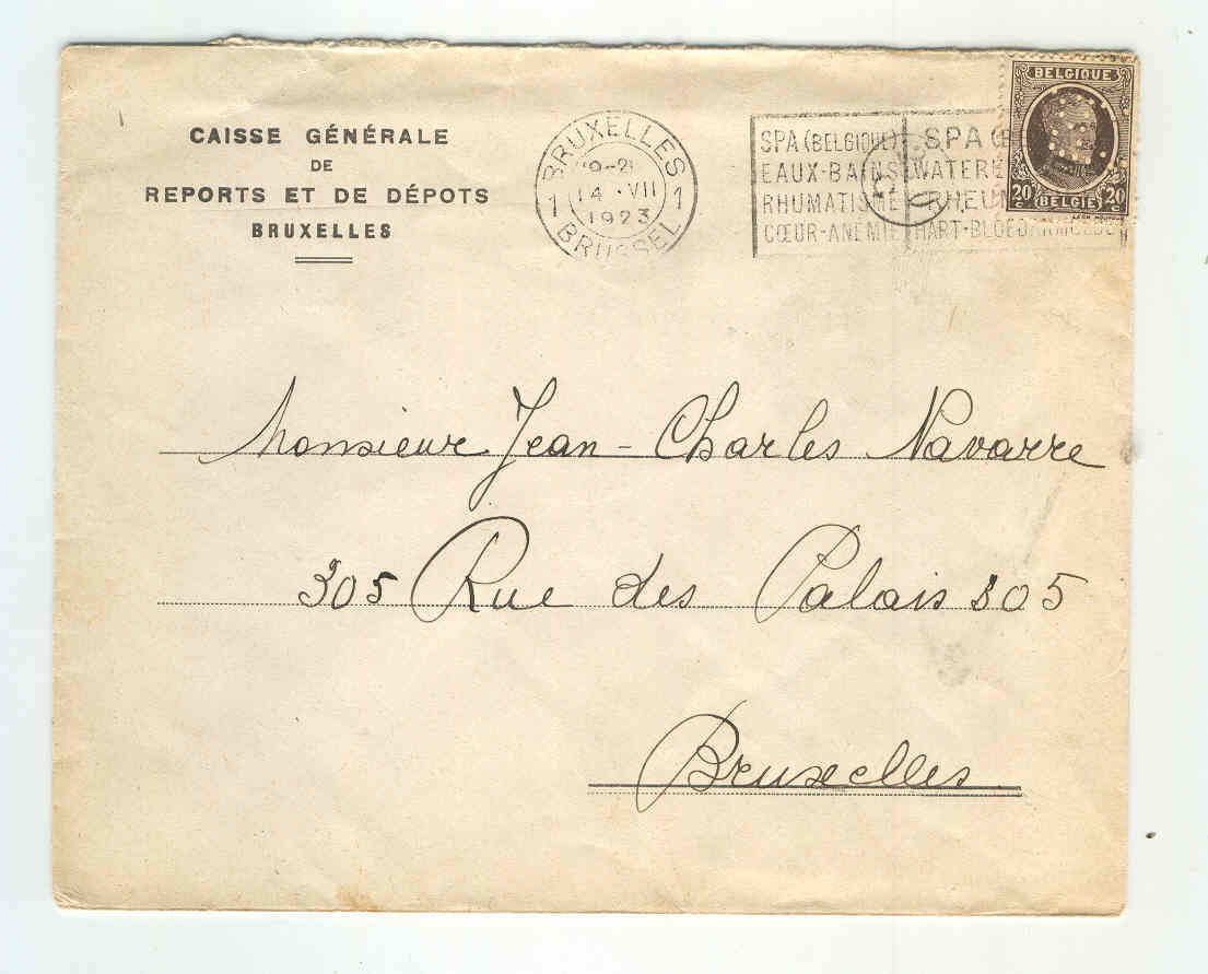 Lettre HOUYOUX 20 C PERFORE Caisse Générale Reports Et Dépots BXL 1923  --  3/478 - 1922-1927 Houyoux