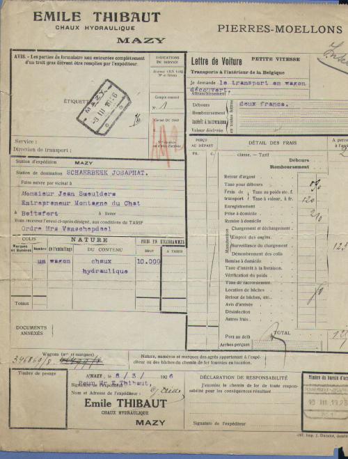 LETTRE DE VOITURE Met Spoorwegstempel MAZY Op 8/3/26 Naar SCHAERBEEK-JOSAPHT - Andere & Zonder Classificatie