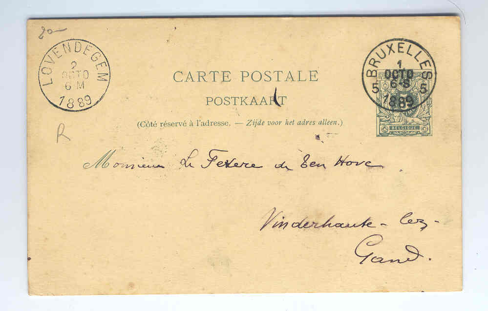 Thème CHASSE Et PECHE - Belgique Cachet Privé Sur Entier BRUXELLES Vers LOVENDEGEM 1889  --  3/516 - Agriculture