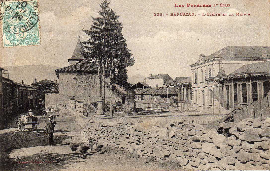 31 BARBAZAN Eglise Et Mairie, Animée, Attelage, Ed Labouche 238, Pyrénées, 1905 - Barbazan