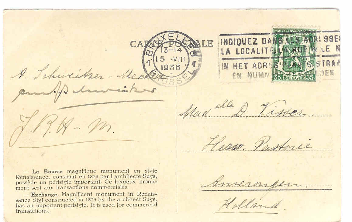 COB 425 (vert Foncé) Sur CP BRUXELLES (La Bourse) Oblitéré BRUXELLES-BRUSSEL 1 Le 15/08/1936 - 1935-1949 Small Seal Of The State