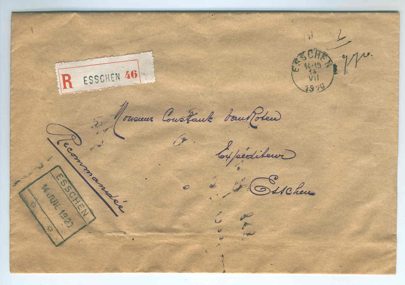 Lettre En Franchise Recommandée ESSCHEN 1920 - Cachets Postal Et Rectangle Chemin De Fer - RARE   --  3/555 - Andere & Zonder Classificatie