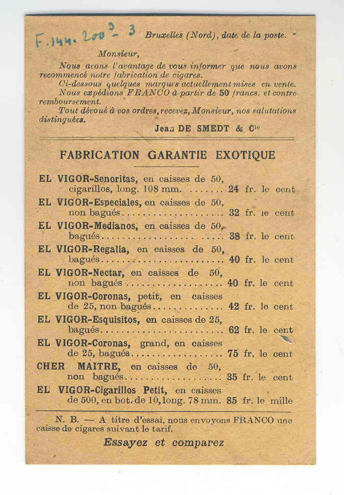 Carte Privée PREO Albert 15 BRUXELLES 1920 Fabricant De Cigares   --  3/569 - Sobreimpresos 1922-26 (Alberto I)