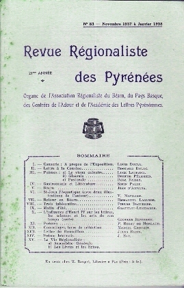 REVUE REGIONALISTE DES PYRENEES (BEARN, PAYS BASQUE ET DES CONTREES DE L´ADOUR)- N°83- De 11/1937 à 01/1938 - Pays Basque