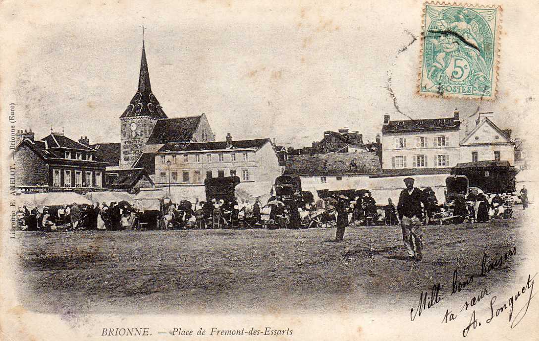 27 BRIONNE Place De Fremont Des Essarts, Animée, Marché, Foire, Ed Amelot, 190?, Dos 1900 - Pont-de-l'Arche