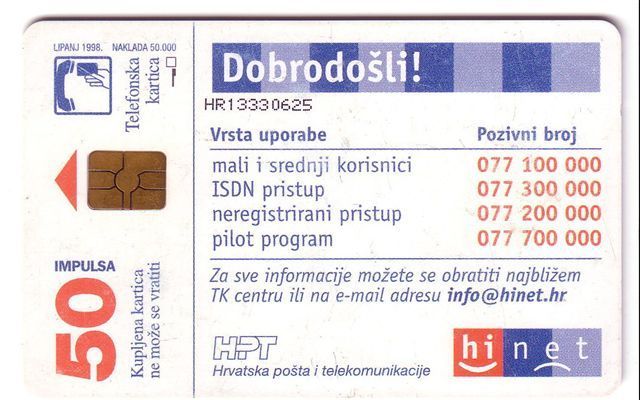 HINET  - 50. Units  ( Croatia - Rare Card , Only 50.000 Ex. ) * Hrvatska Croatie Kroatien Croazia Croacia - Kroatien