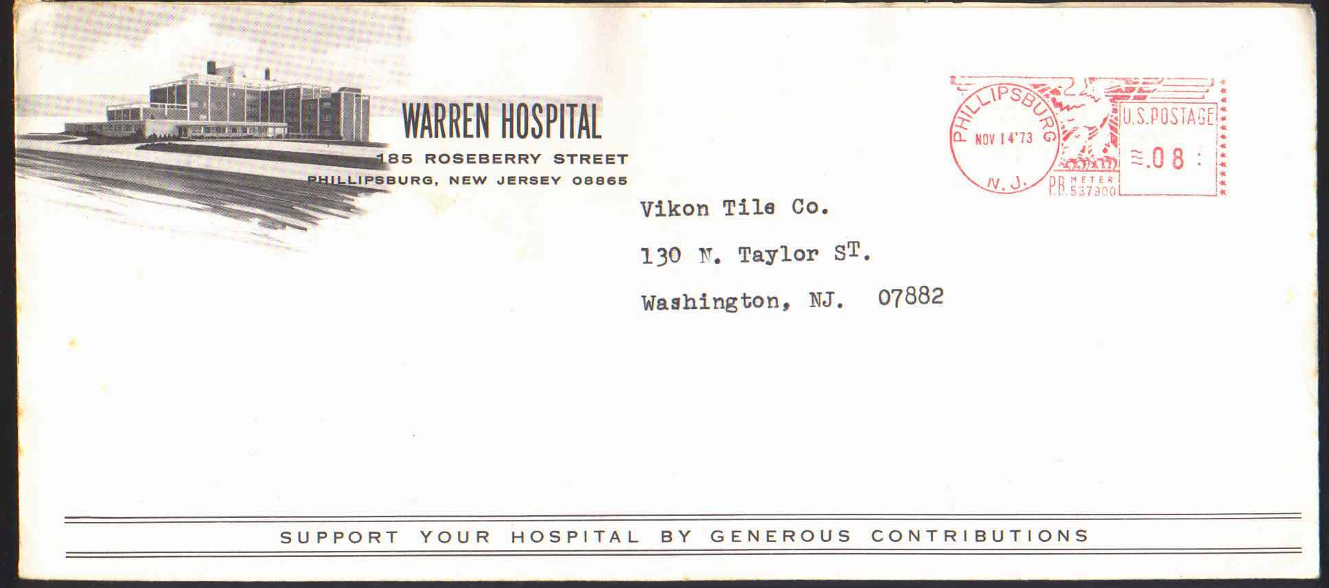 Hospital. Aigle Sur EMA De 1973. U.S. POSTAGE De PHILLIPSBURG (N.J.) "Pitney Bowes Meter Company" - Briefe U. Dokumente