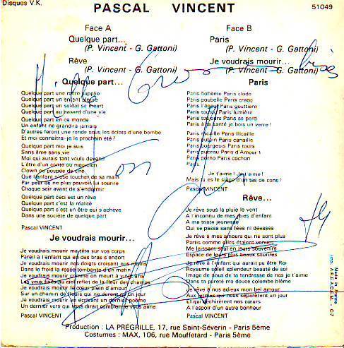 45 Tours VINYL    Dedicasse      " PASCAL VINCENT" - Autógrafos