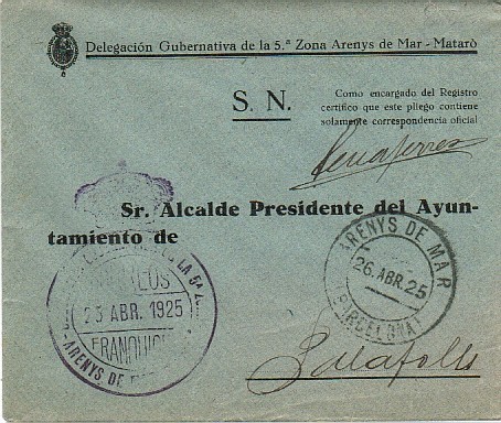 Carta ARENYS De MAR (BARCELONA) 1926 Franquicia - Brieven En Documenten