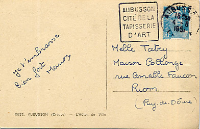 23 - CREUSE - AUBUSSON - MAIRIE + Verso Oblitération Daguin - Aubusson